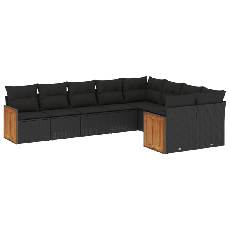 9 Piece Garden Sofa Set with Cushions Black Poly Rattan