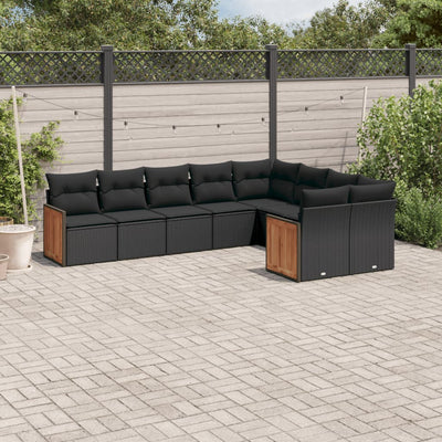 9 Piece Garden Sofa Set with Cushions Black Poly Rattan