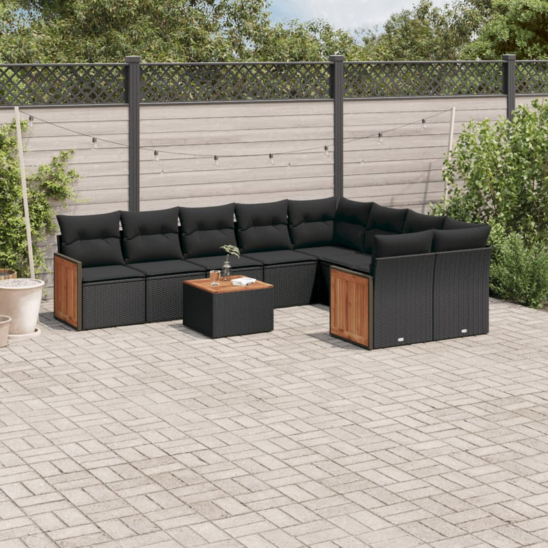 10 Piece Garden Sofa Set with Cushions Black Poly Rattan