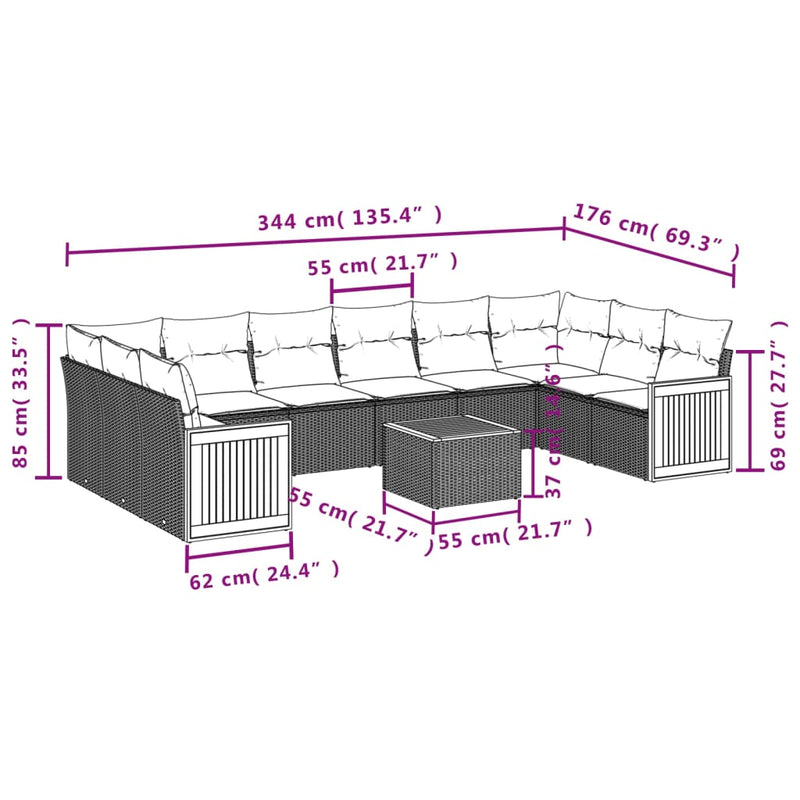 11 Piece Garden Sofa Set with Cushions Grey Poly Rattan