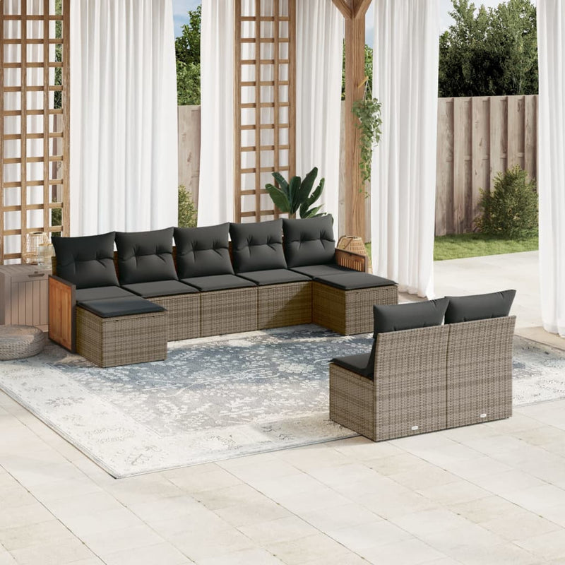 9 Piece Garden Sofa Set with Cushions Grey Poly Rattan