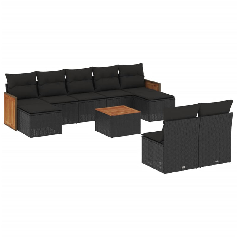 10 Piece Garden Sofa Set with Cushions Black Poly Rattan