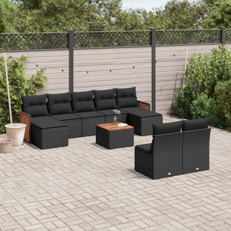 10 Piece Garden Sofa Set with Cushions Black Poly Rattan