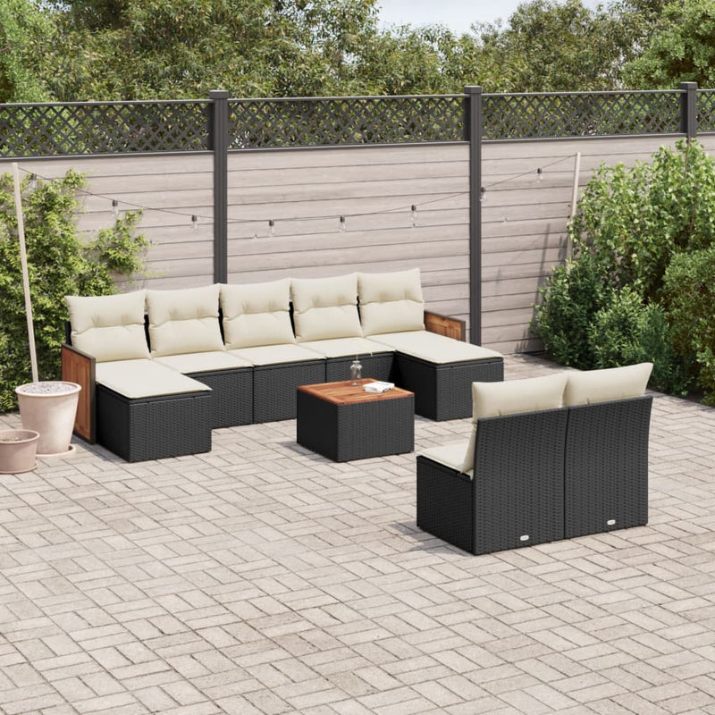 10 Piece Garden Sofa Set with Cushions Black Poly Rattan