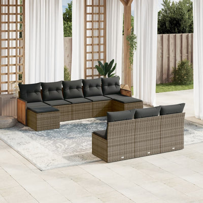 10 Piece Garden Sofa Set with Cushions Grey Poly Rattan