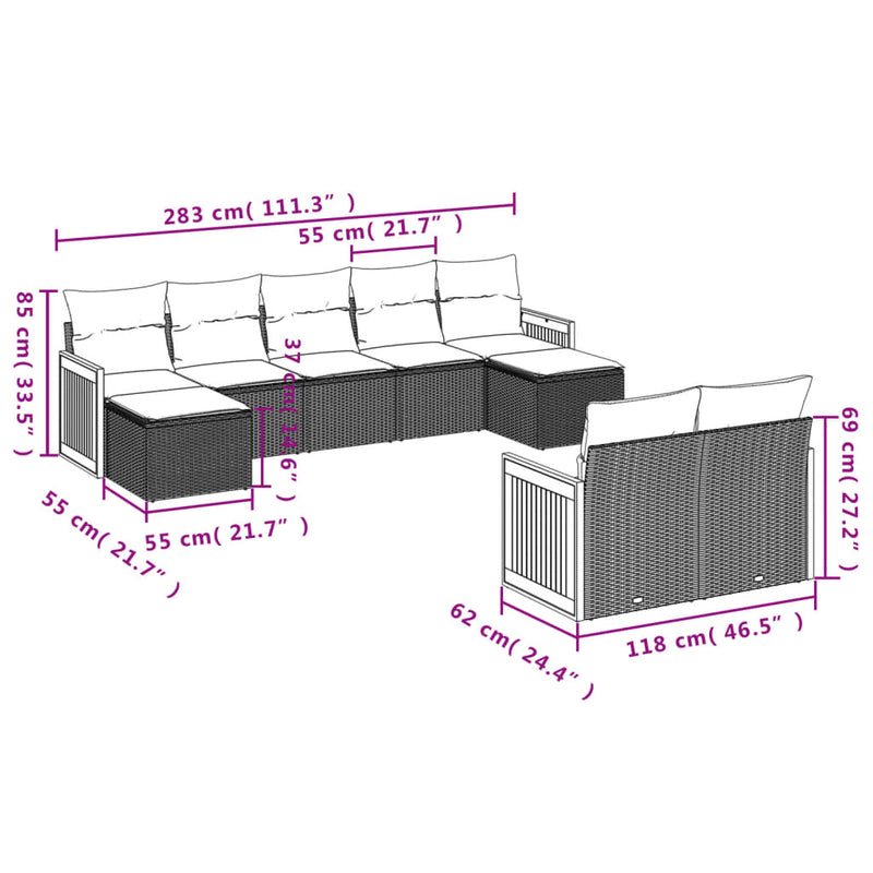 9 Piece Garden Sofa Set with Cushions Grey Poly Rattan