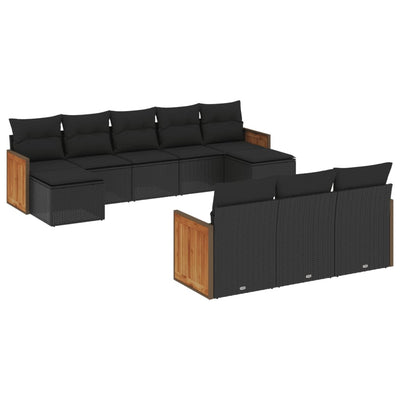 10 Piece Garden Sofa Set with Cushions Black Poly Rattan