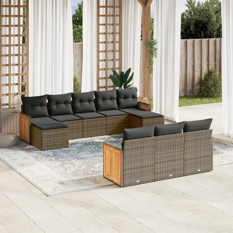 10 Piece Garden Sofa Set with Cushions Grey Poly Rattan