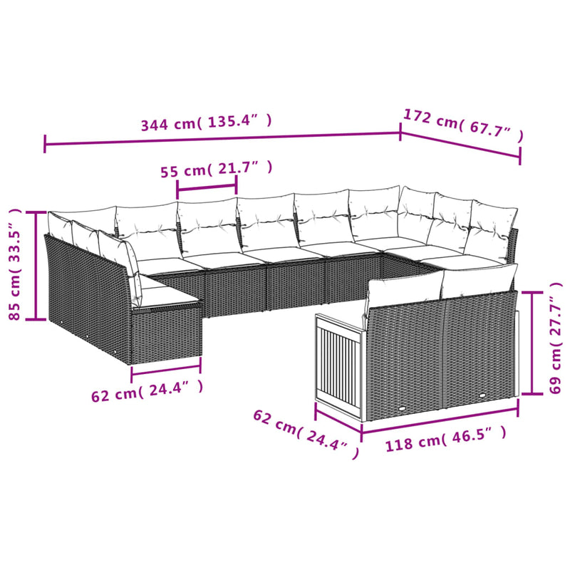 12 Piece Garden Sofa Set with Cushions Grey Poly Rattan