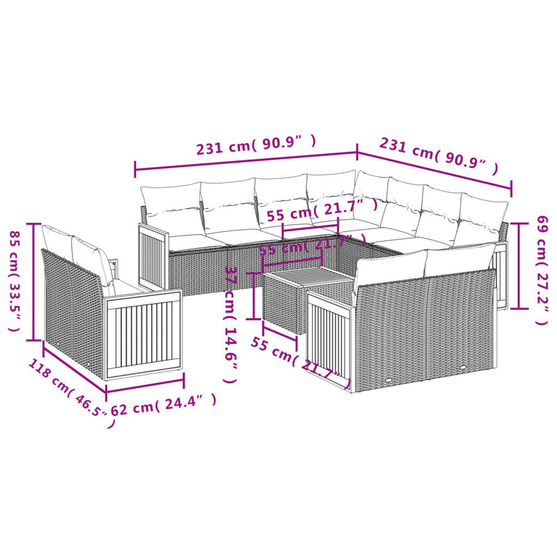 12 Piece Garden Sofa Set with Cushions Grey Poly Rattan