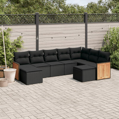 9 Piece Garden Sofa Set with Cushions Black Poly Rattan