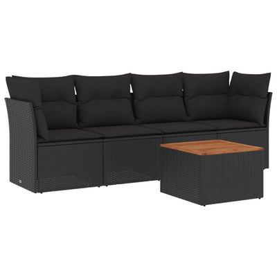 5 Piece Garden Sofa Set with Cushions Black Poly Rattan