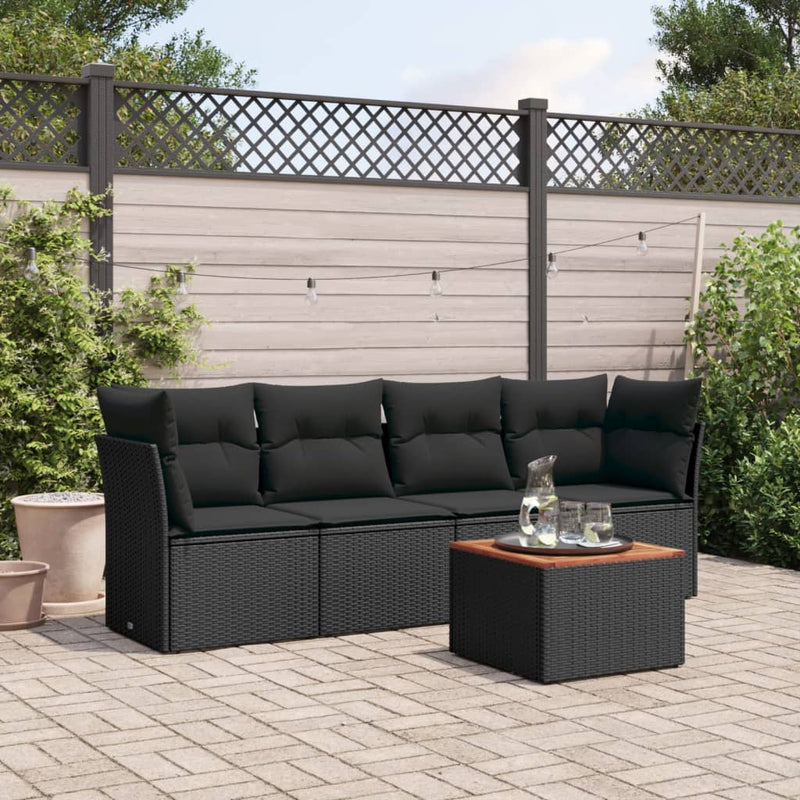 5 Piece Garden Sofa Set with Cushions Black Poly Rattan