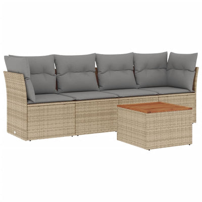 5 Piece Garden Sofa Set with Cushions Beige Poly Rattan