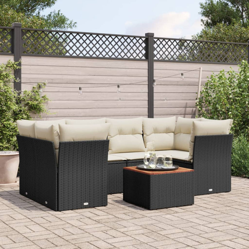 7 Piece Garden Sofa Set with Cushions Black Poly Rattan