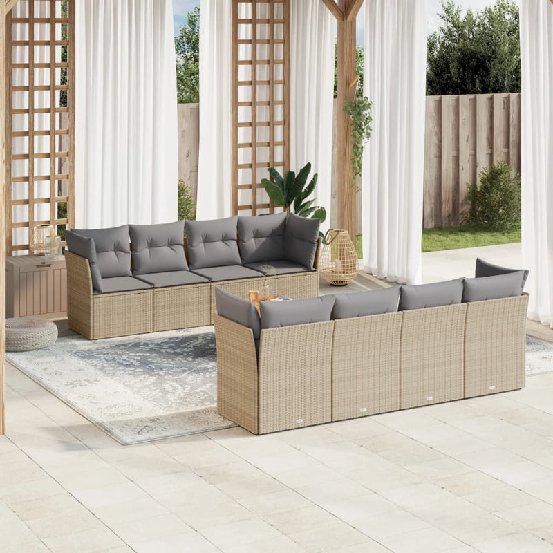 9 Piece Garden Sofa Set with Cushions Beige Poly Rattan