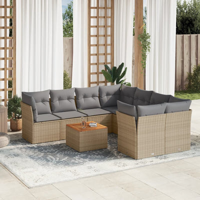 9 Piece Garden Sofa Set with Cushions Beige Poly Rattan