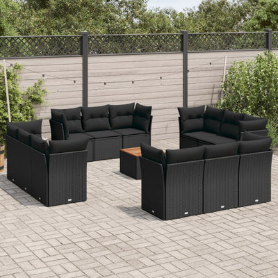 13 Piece Garden Sofa Set with Cushions Black Poly Rattan