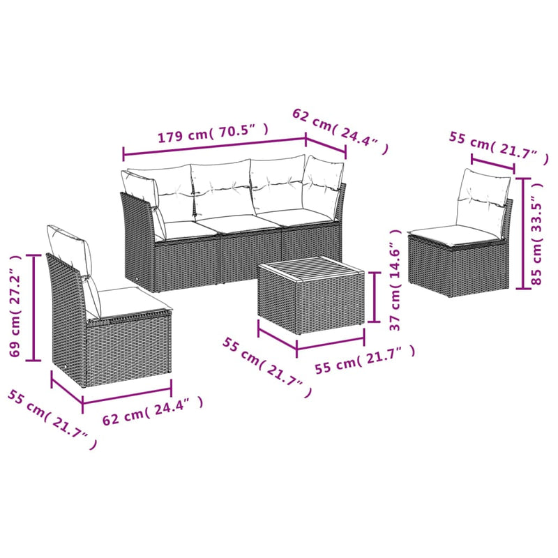 6 Piece Garden Sofa Set with Cushions Grey Poly Rattan