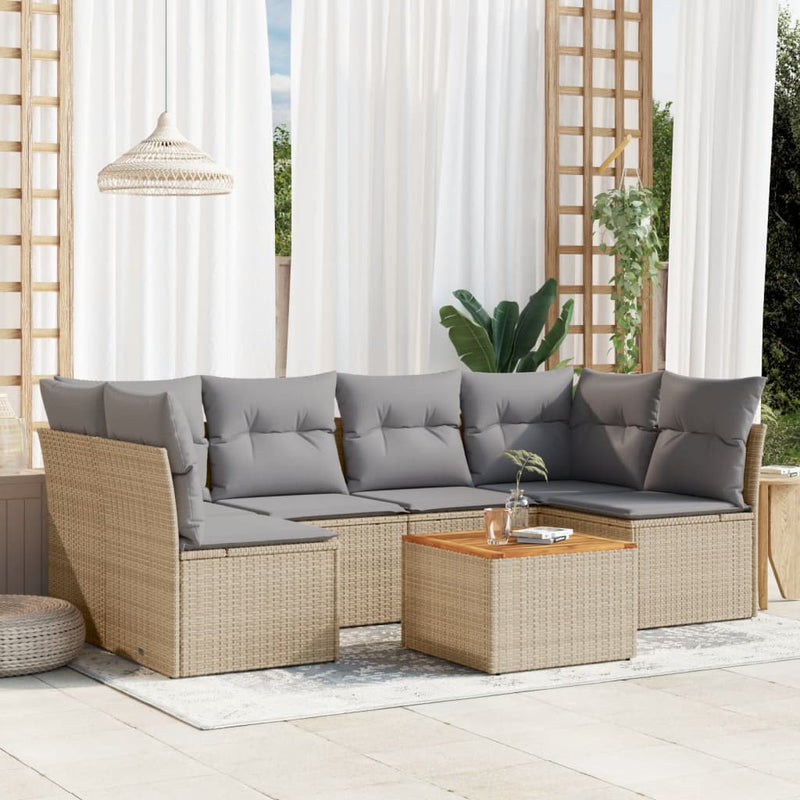 7 Piece Garden Sofa Set with Cushions Beige Poly Rattan