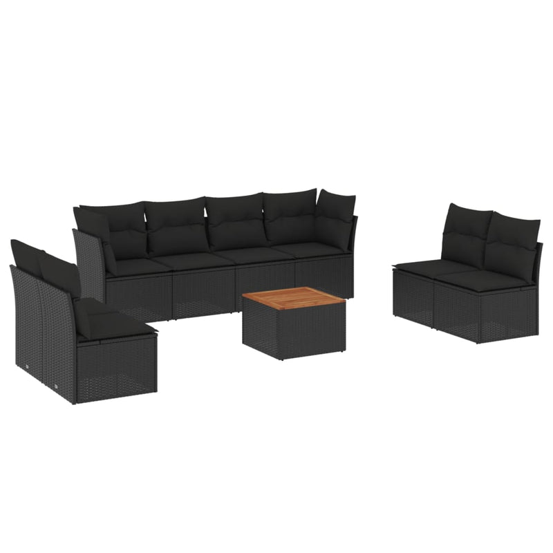 9 Piece Garden Sofa Set with Cushions Black Poly Rattan