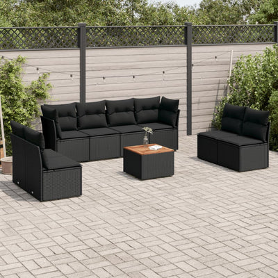 9 Piece Garden Sofa Set with Cushions Black Poly Rattan