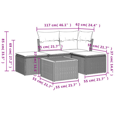 5 Piece Garden Sofa Set with Cushions Grey Poly Rattan