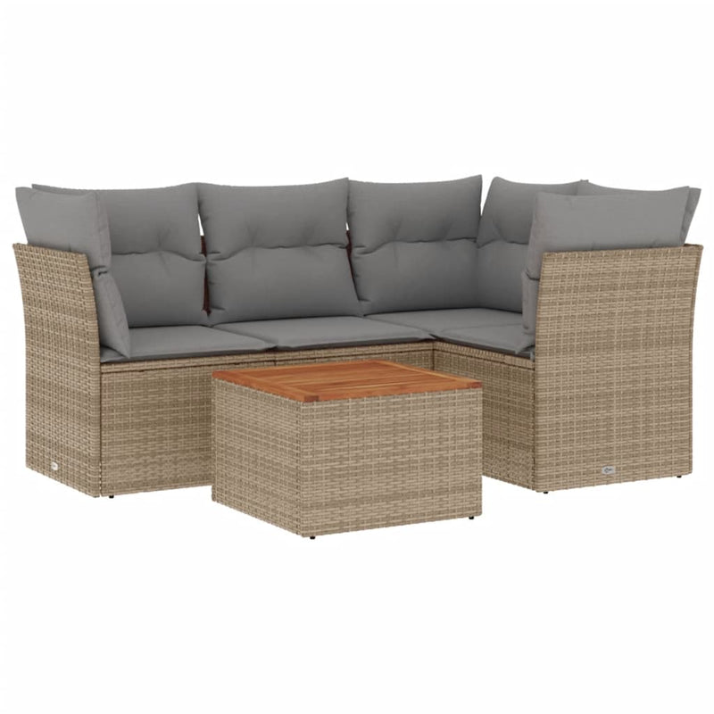 5 Piece Garden Sofa Set with Cushions Beige Poly Rattan