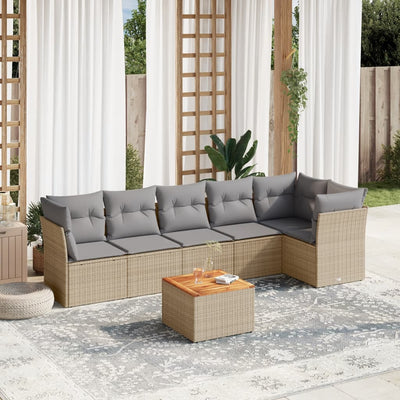 7 Piece Garden Sofa Set with Cushions Beige Poly Rattan