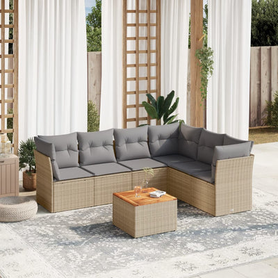 7 Piece Garden Sofa Set with Cushions Beige Poly Rattan