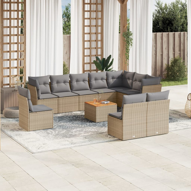 11 Piece Garden Sofa Set with Cushions Beige Poly Rattan