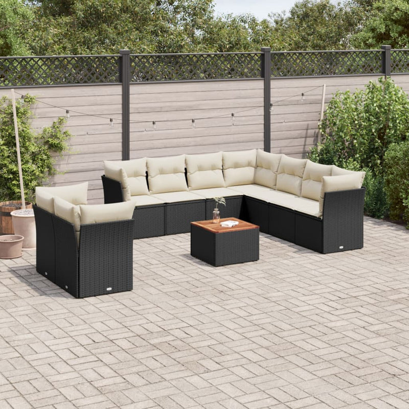 10 Piece Garden Sofa Set with Cushions Black Poly Rattan