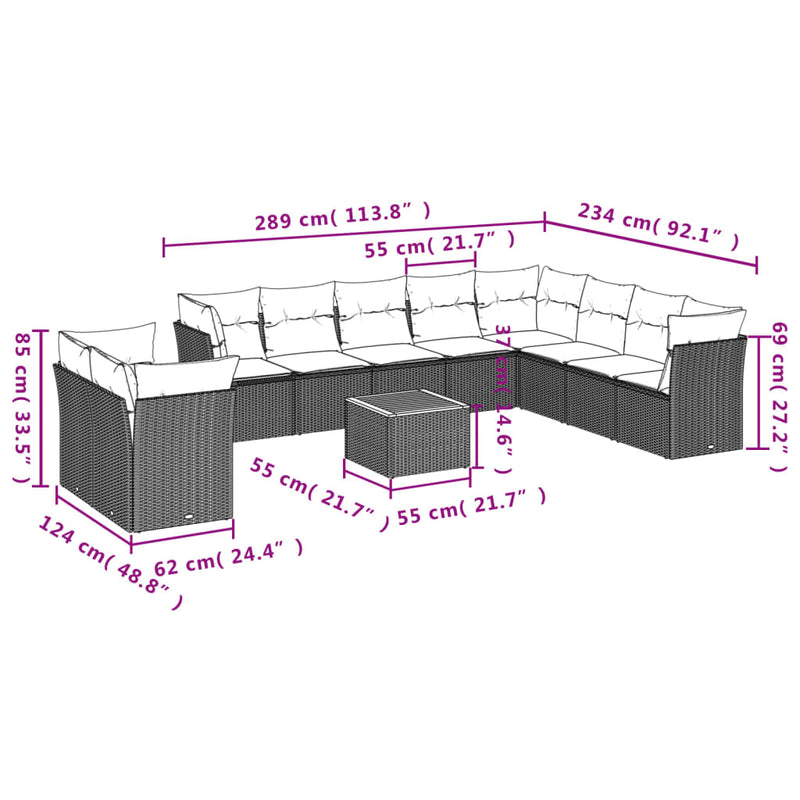 11 Piece Garden Sofa Set with Cushions Grey Poly Rattan