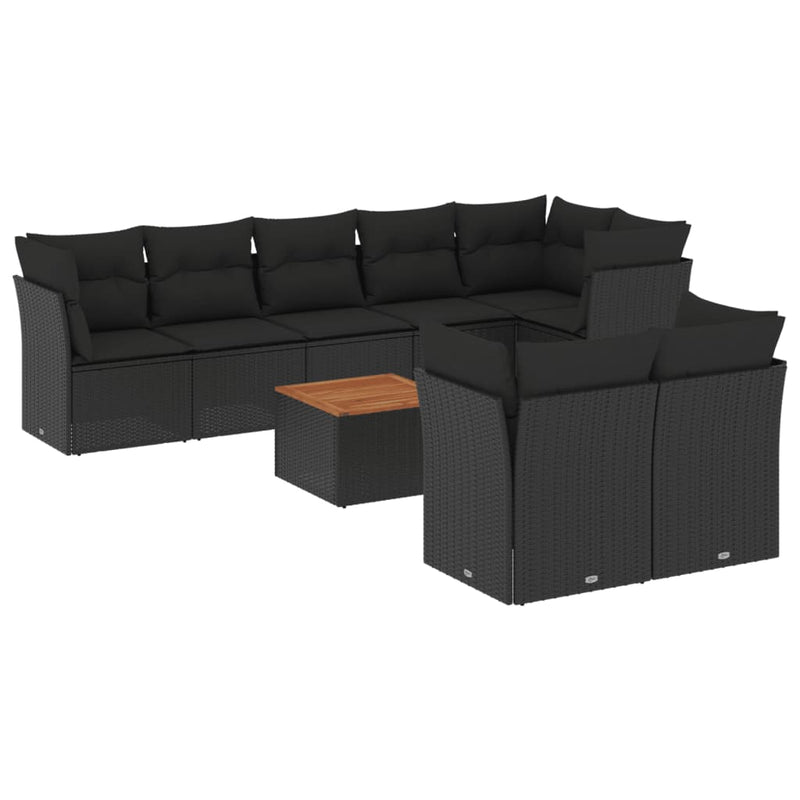 9 Piece Garden Sofa Set with Cushions Black Poly Rattan