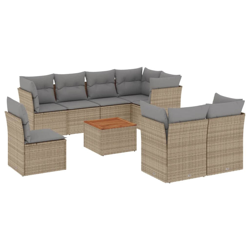 9 Piece Garden Sofa Set with Cushions Beige Poly Rattan