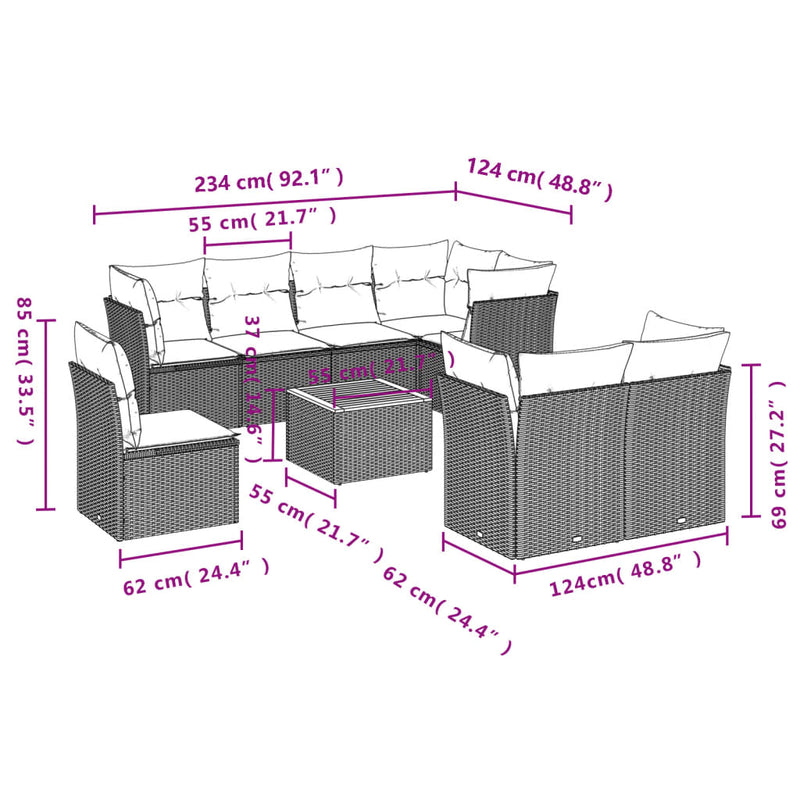 9 Piece Garden Sofa Set with Cushions Beige Poly Rattan