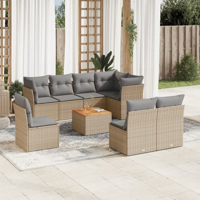 9 Piece Garden Sofa Set with Cushions Beige Poly Rattan