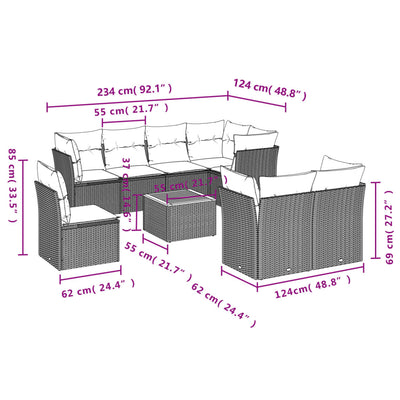 9 Piece Garden Sofa Set with Cushions Grey Poly Rattan