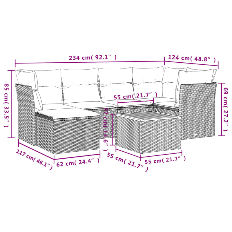 7 Piece Garden Sofa Set with Cushions Grey Poly Rattan