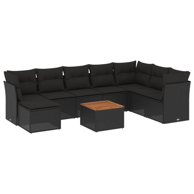 9 Piece Garden Sofa Set with Cushions Black Poly Rattan