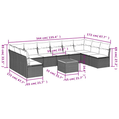 11 Piece Garden Sofa Set with Cushions Grey Poly Rattan