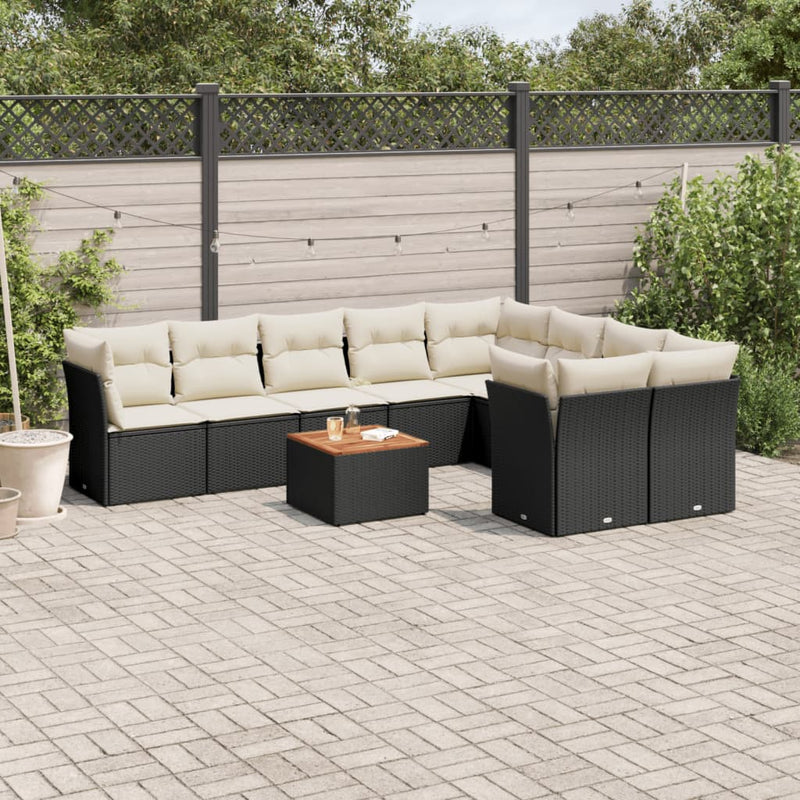 10 Piece Garden Sofa Set with Cushions Black Poly Rattan