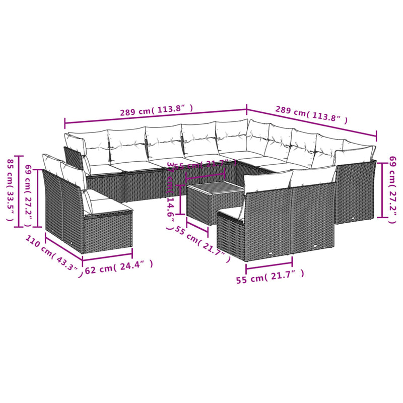 14 Piece Garden Sofa Set with Cushions Grey Poly Rattan