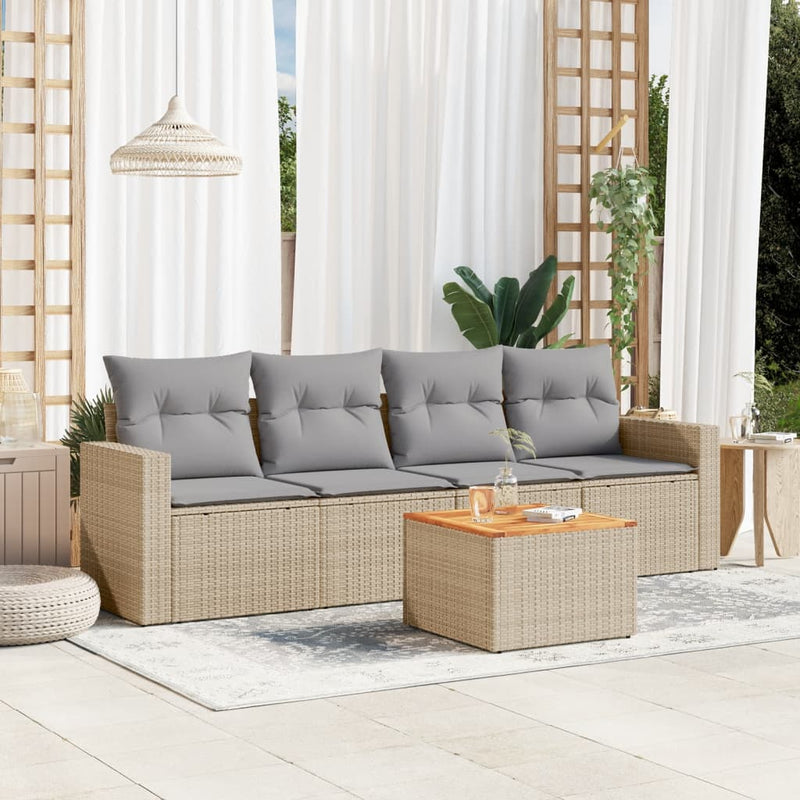 5 Piece Garden Sofa Set with Cushions Beige Poly Rattan