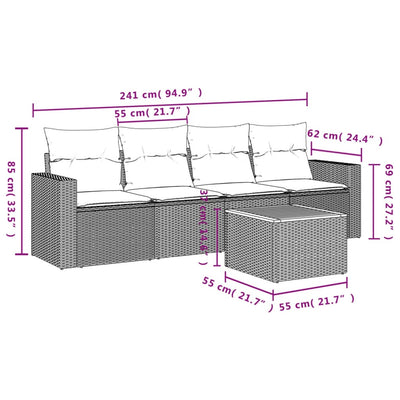 5 Piece Garden Sofa Set with Cushions Grey Poly Rattan