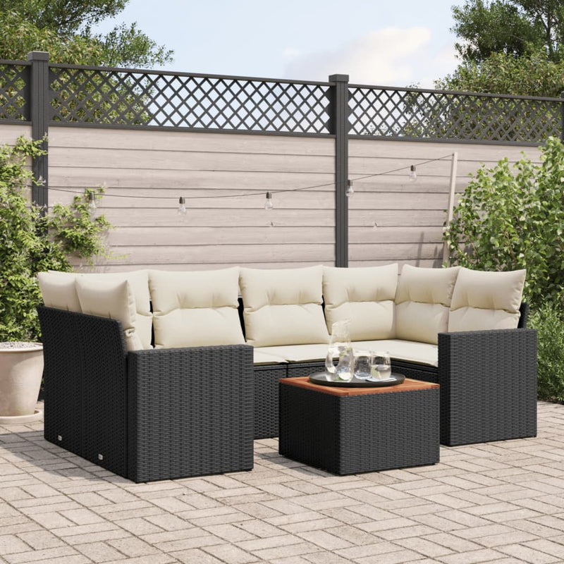 7 Piece Garden Sofa Set with Cushions Black Poly Rattan