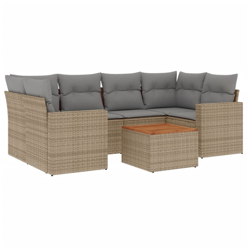 7 Piece Garden Sofa Set with Cushions Beige Poly Rattan