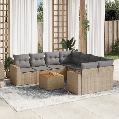 9 Piece Garden Sofa Set with Cushions Beige Poly Rattan