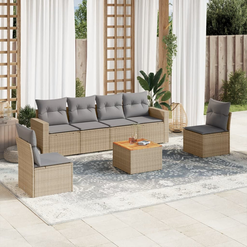 7 Piece Garden Sofa Set with Cushions Beige Poly Rattan