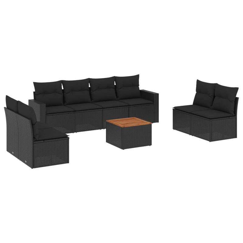 9 Piece Garden Sofa Set with Cushions Black Poly Rattan